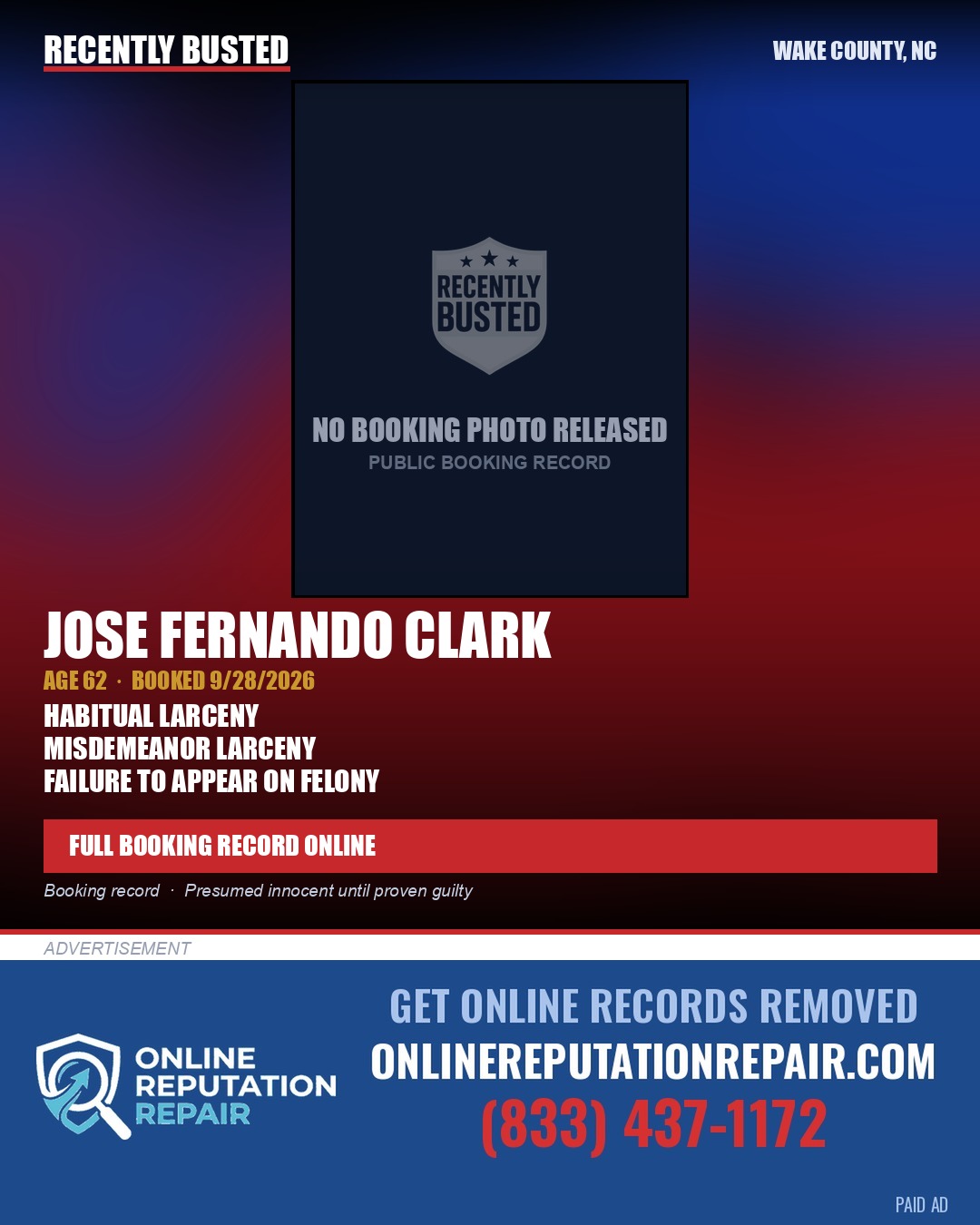 JOSE FERNANDO CLARK — arrest record card, Wake County, North Carolina
