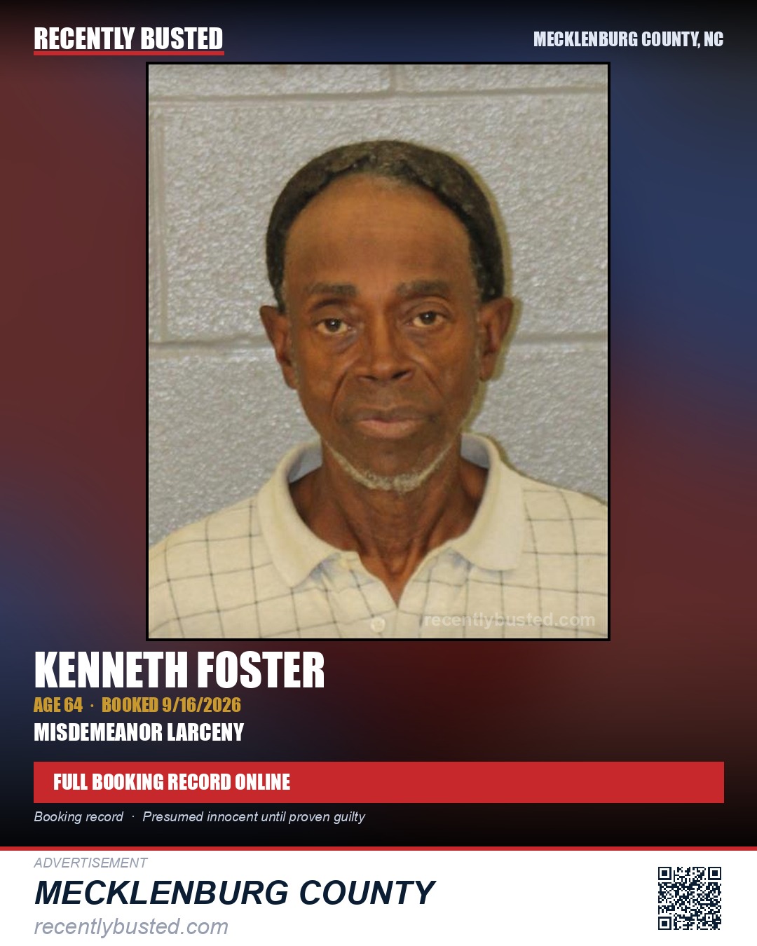KENNETH FOSTER — arrest record card, Mecklenburg County, North Carolina