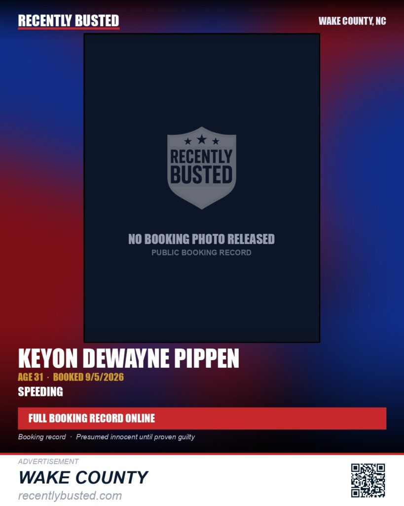 KEYON DEWAYNE PIPPEN — arrest record card, Wake County, North Carolina