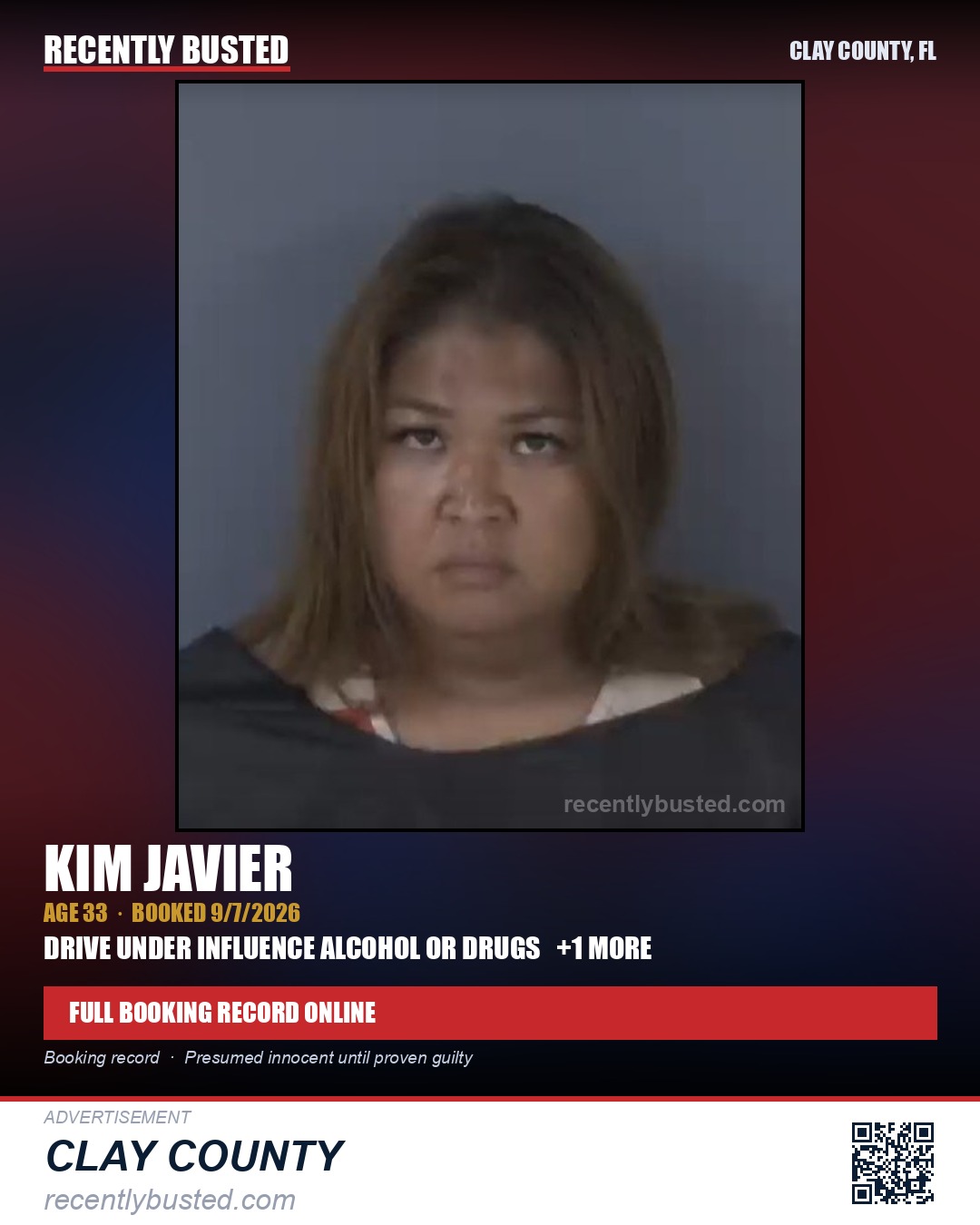 KIM JAVIER — arrest record card, Clay County, Florida