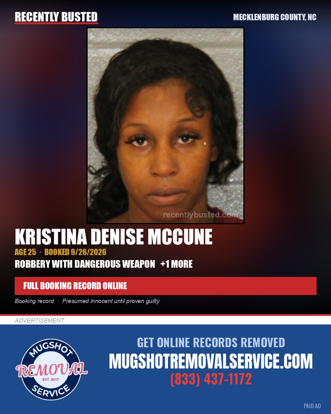 KRISTINA DENISE MCCUNE — arrest record card, Mecklenburg County, North Carolina