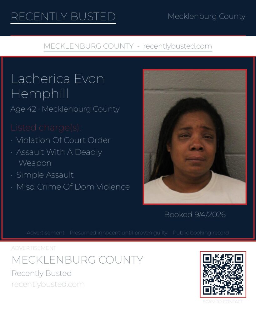 LACHERICA EVON HEMPHILL — arrest record card, Mecklenburg County, North Carolina