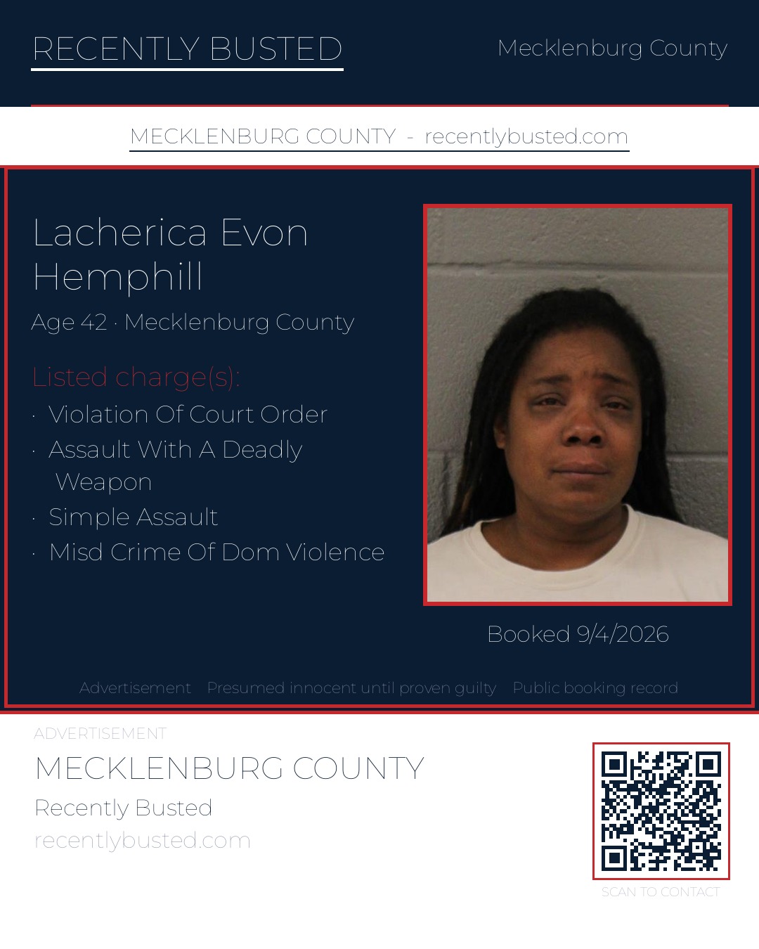 LACHERICA EVON HEMPHILL — arrest record card, Mecklenburg County, North Carolina