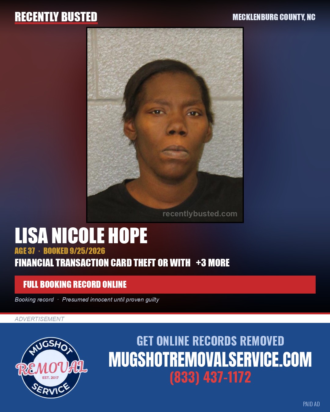 LISA NICOLE HOPE — arrest record card, Mecklenburg County, North Carolina