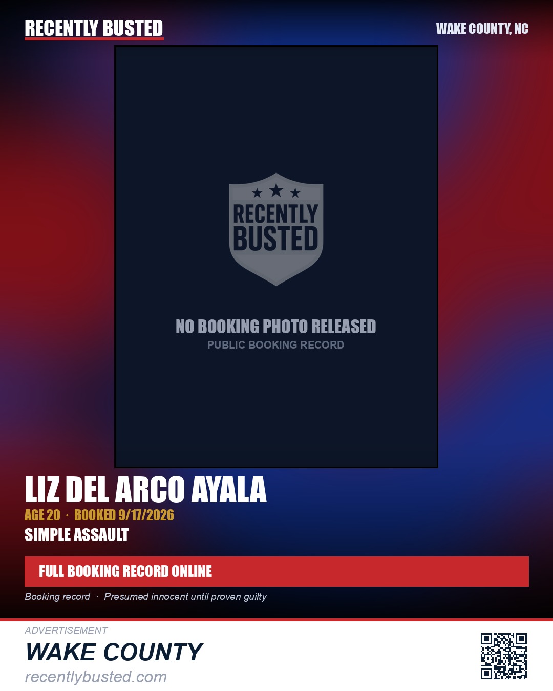 LIZ DEL ARCO AYALA — arrest record card, Wake County, North Carolina