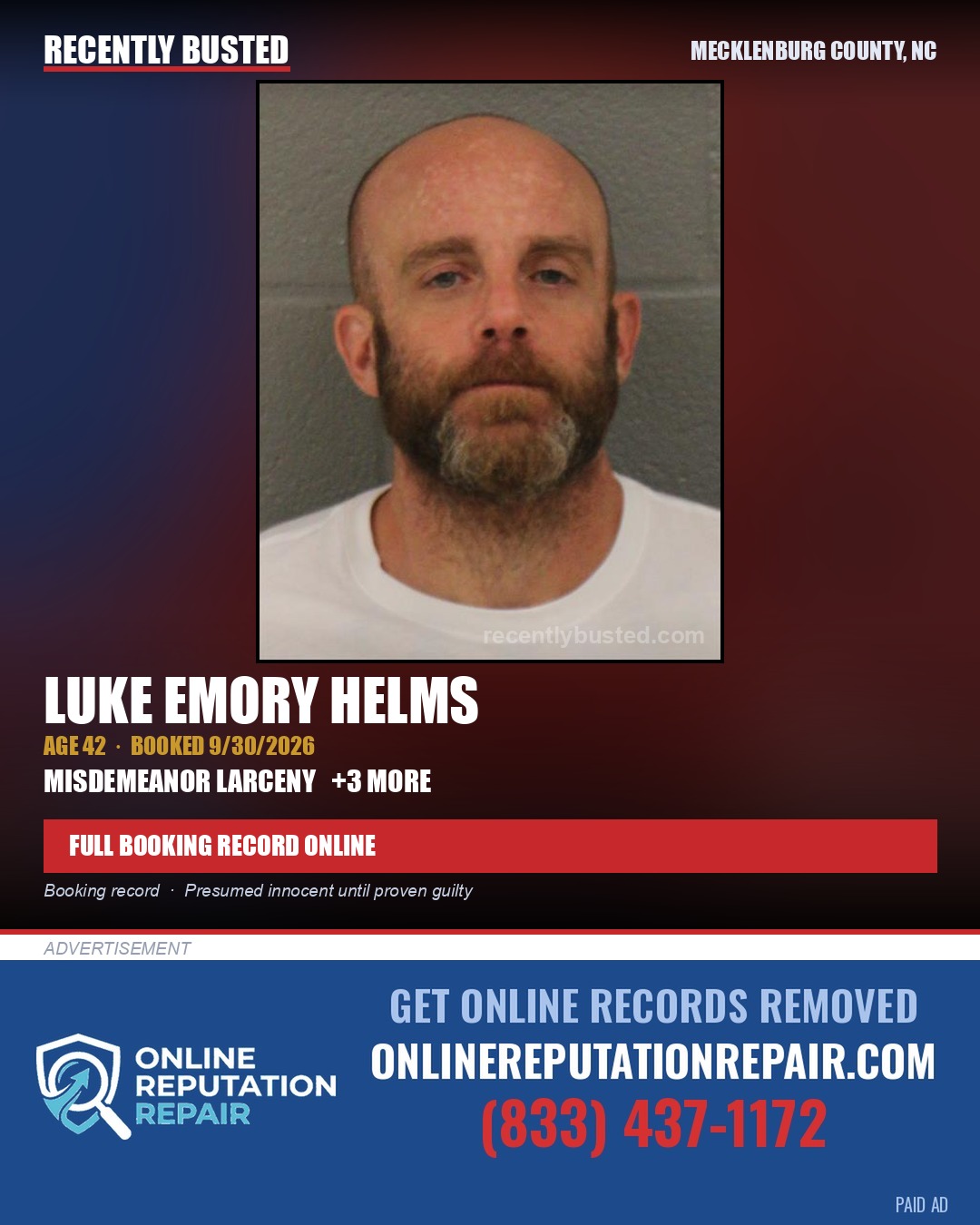 LUKE EMORY HELMS — arrest record card, Mecklenburg County, North Carolina