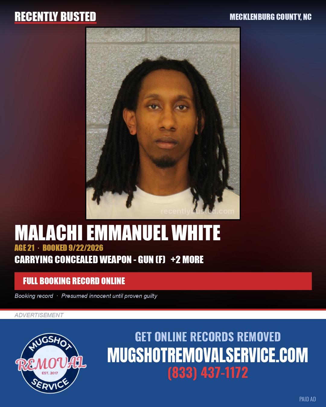 MALACHI EMMANUEL WHITE — arrest record card, Mecklenburg County, North Carolina