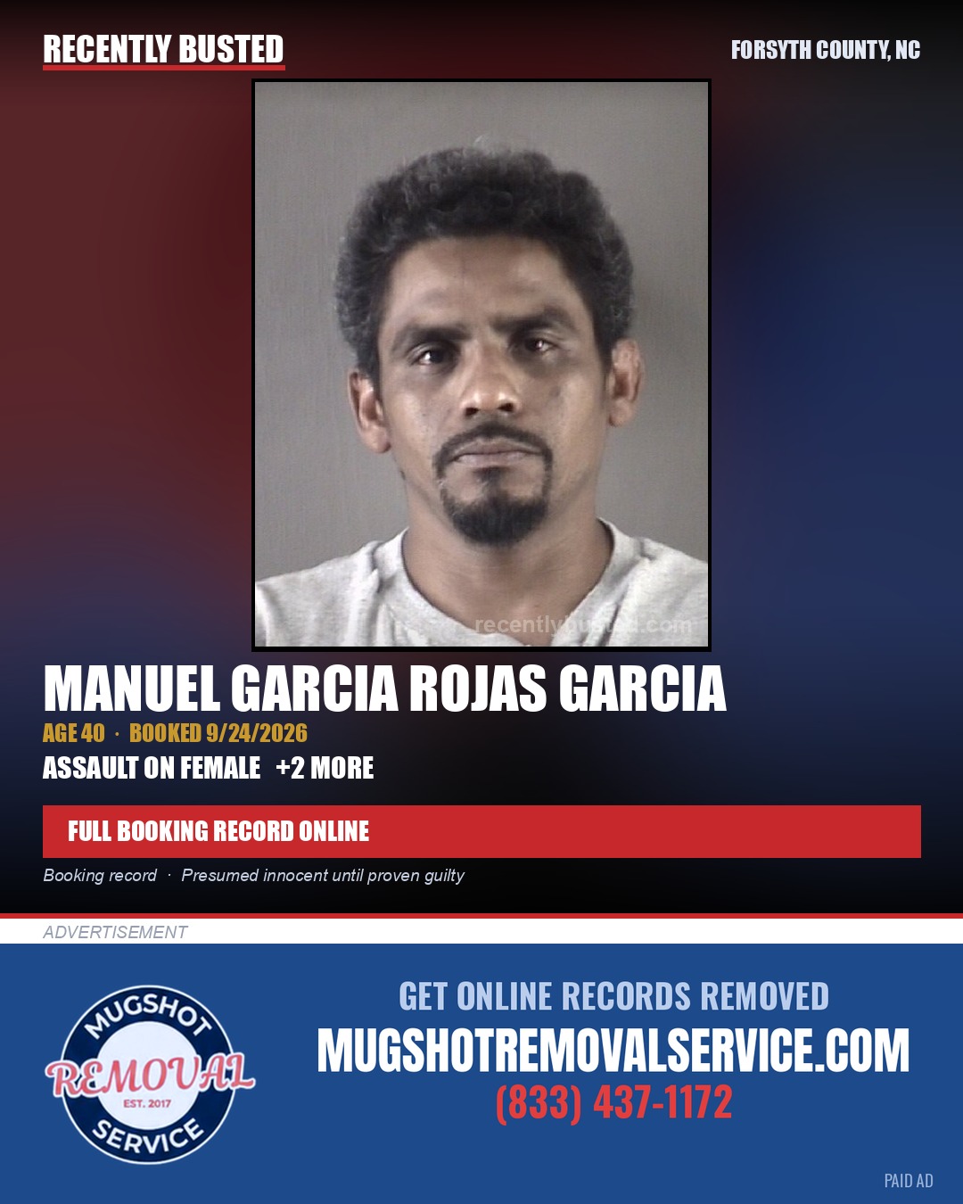 MANUEL GARCIA ROJAS GARCIA — arrest record card, Forsyth County, North Carolina