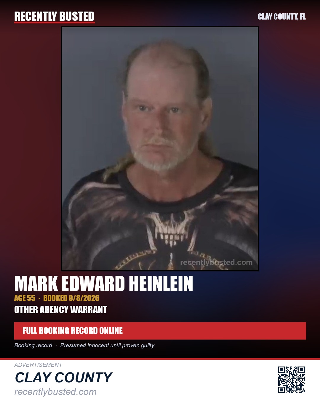 MARK EDWARD HEINLEIN — arrest record card, Clay County, Florida