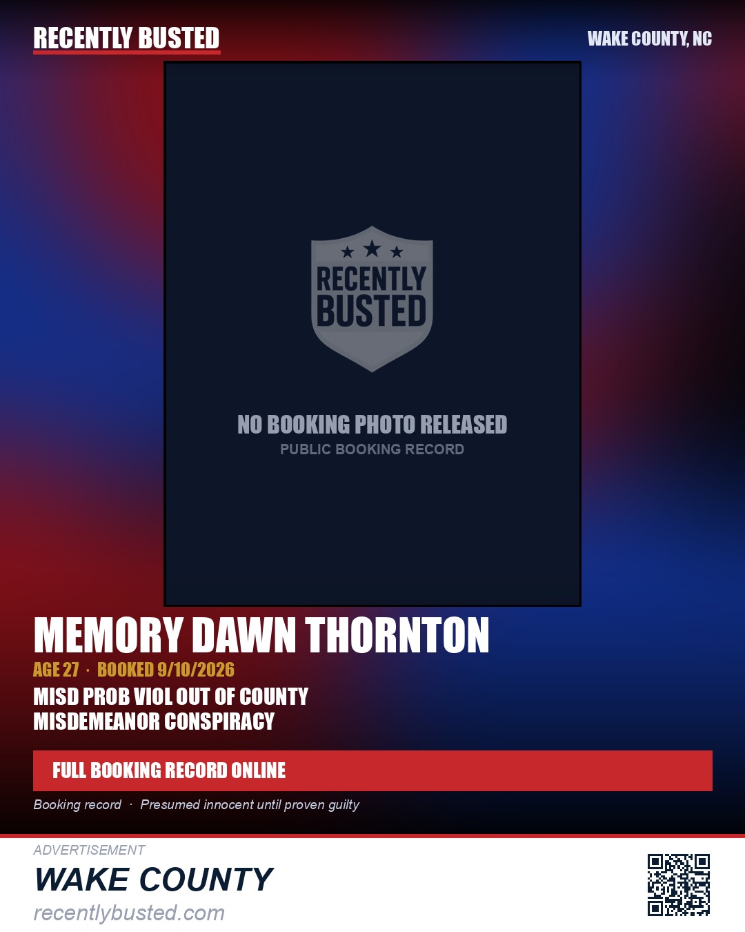 MEMORY DAWN THORNTON — arrest record card, Wake County, North Carolina