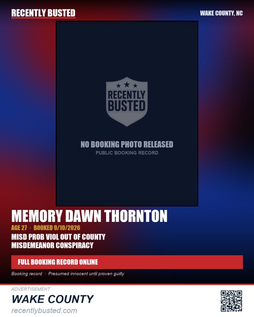 MEMORY DAWN THORNTON — arrest record card, Wake County, North Carolina