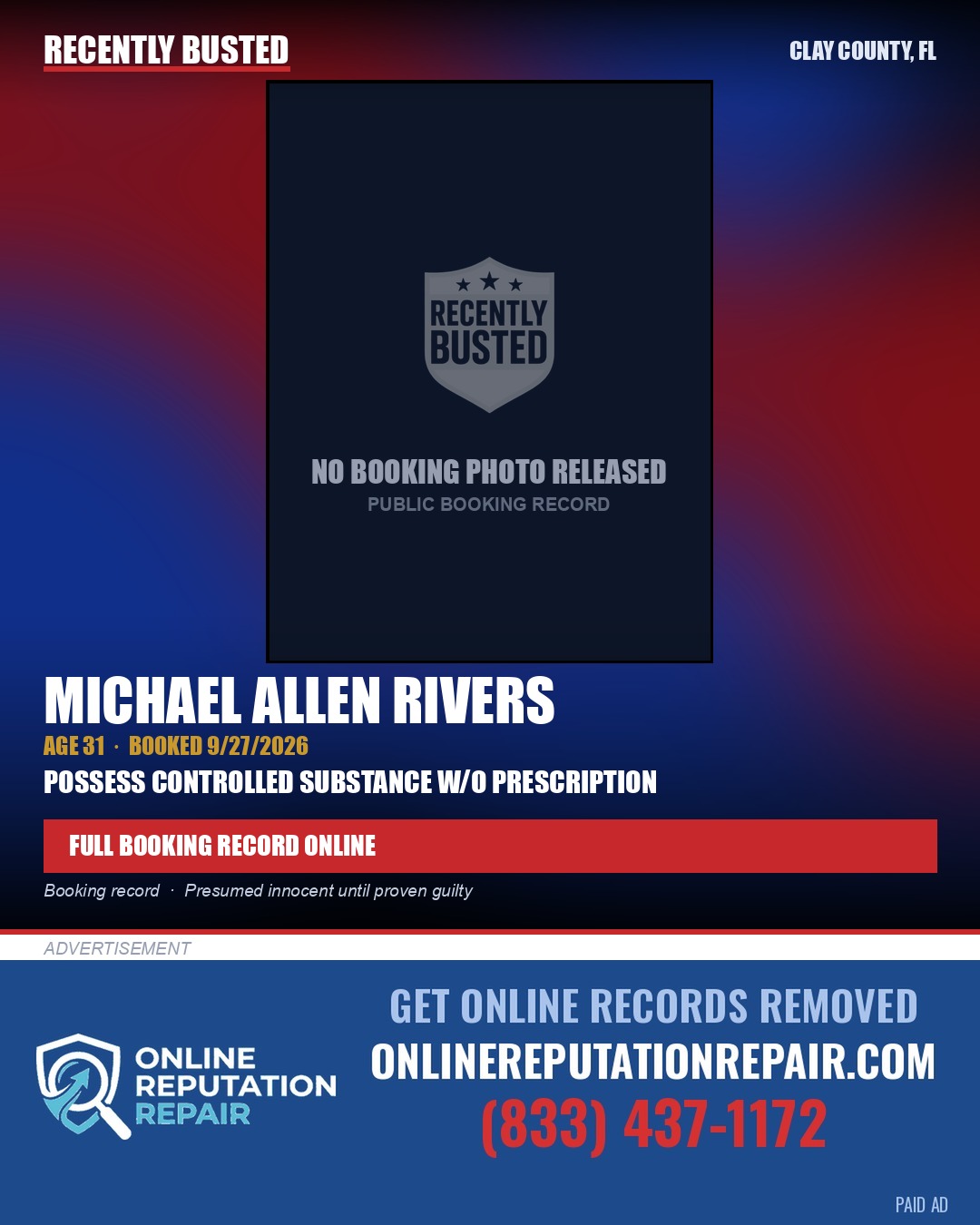 MICHAEL ALLEN RIVERS — arrest record card, Clay County, Florida