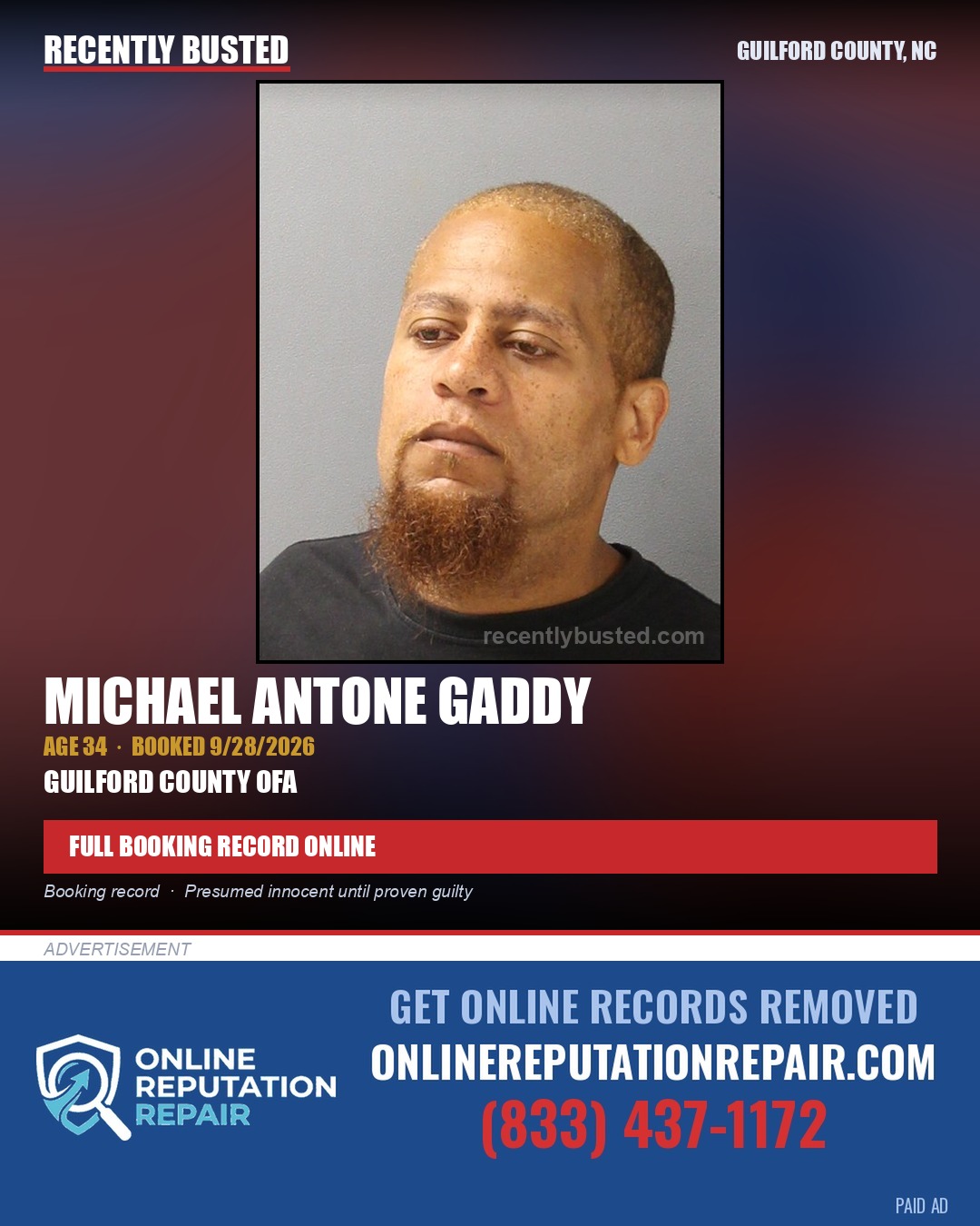 MICHAEL ANTONE GADDY — arrest record card, Guilford County, North Carolina