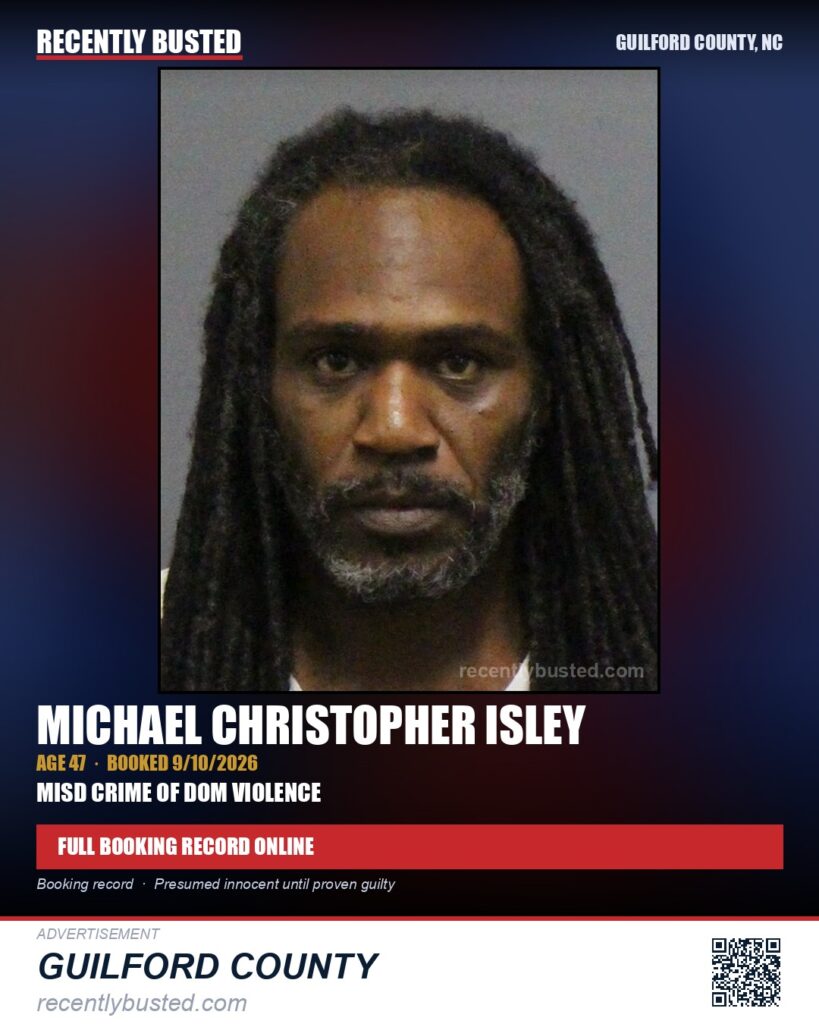 MICHAEL CHRISTOPHER ISLEY — arrest record card, Guilford County, North Carolina