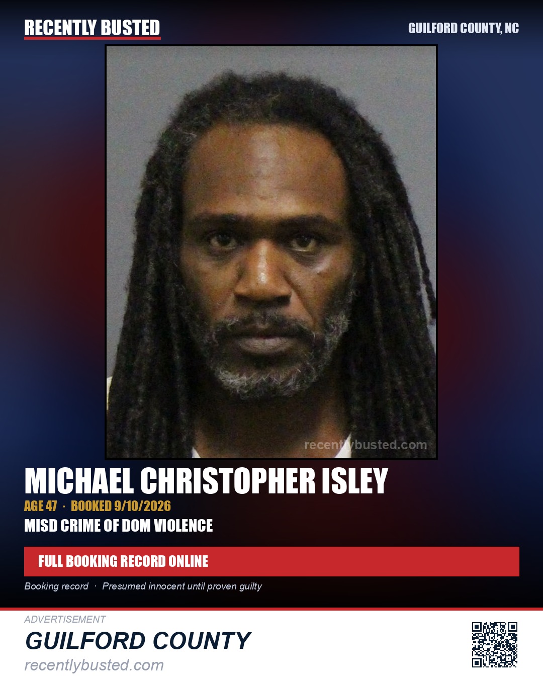 MICHAEL CHRISTOPHER ISLEY — arrest record card, Guilford County, North Carolina