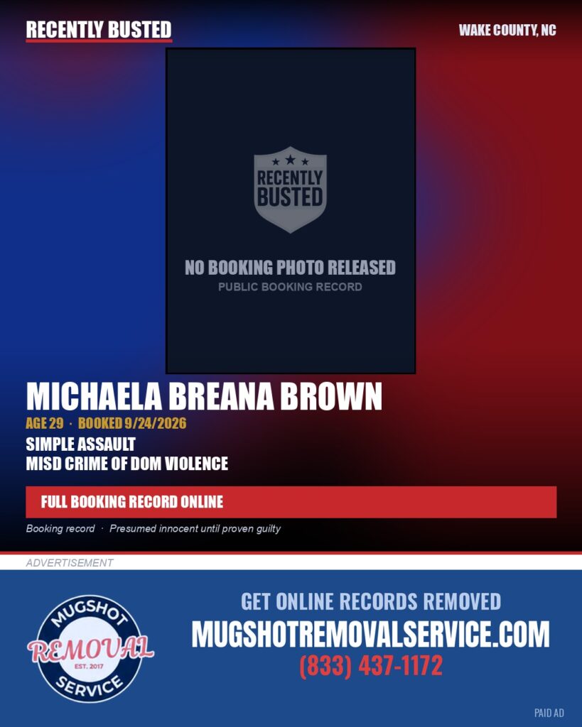 MICHAELA BREANA BROWN — arrest record card, Wake County, North Carolina
