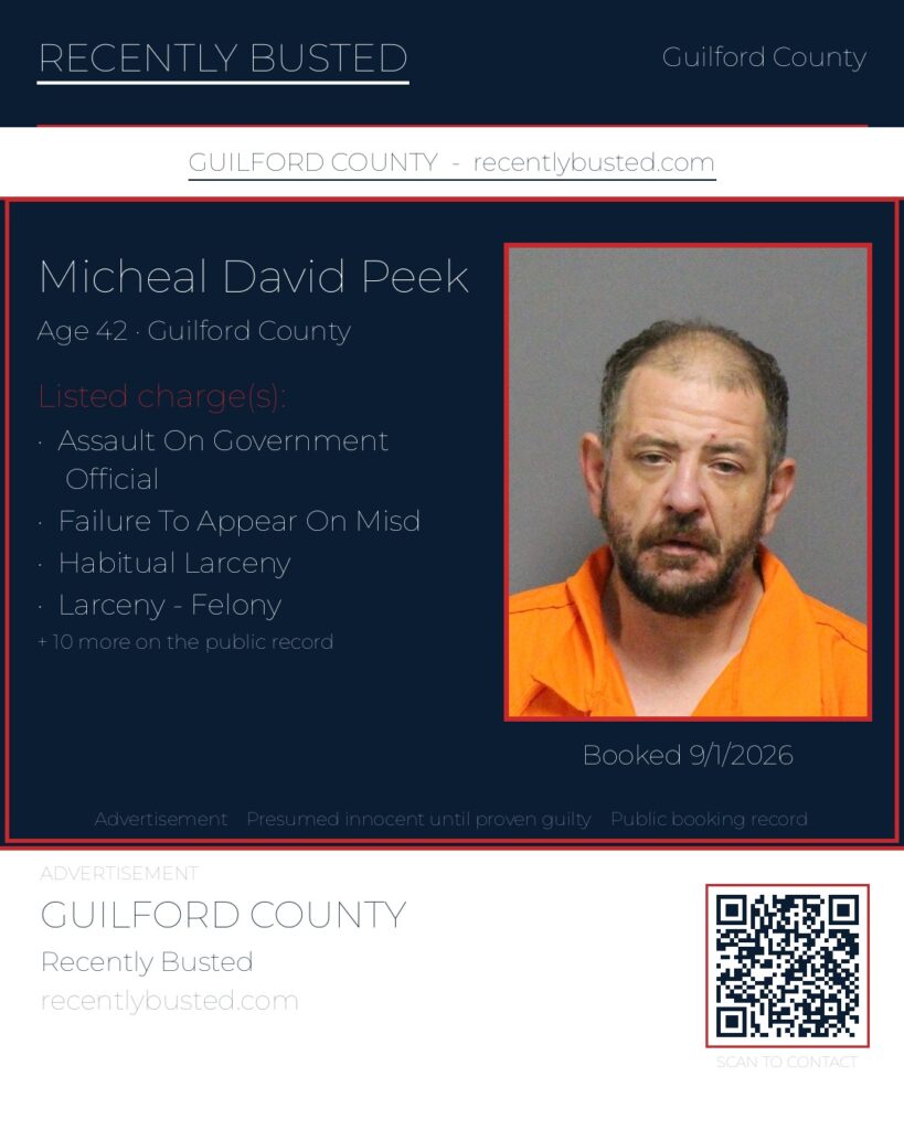 MICHEAL DAVID PEEK — arrest record card, Guilford County, North Carolina