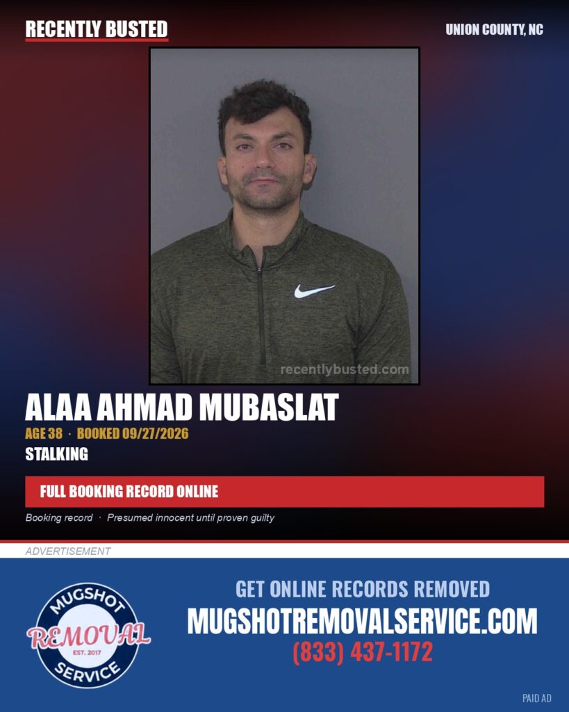 MUBASLAT, ALAA AHMAD — arrest record card, Union County, North Carolina