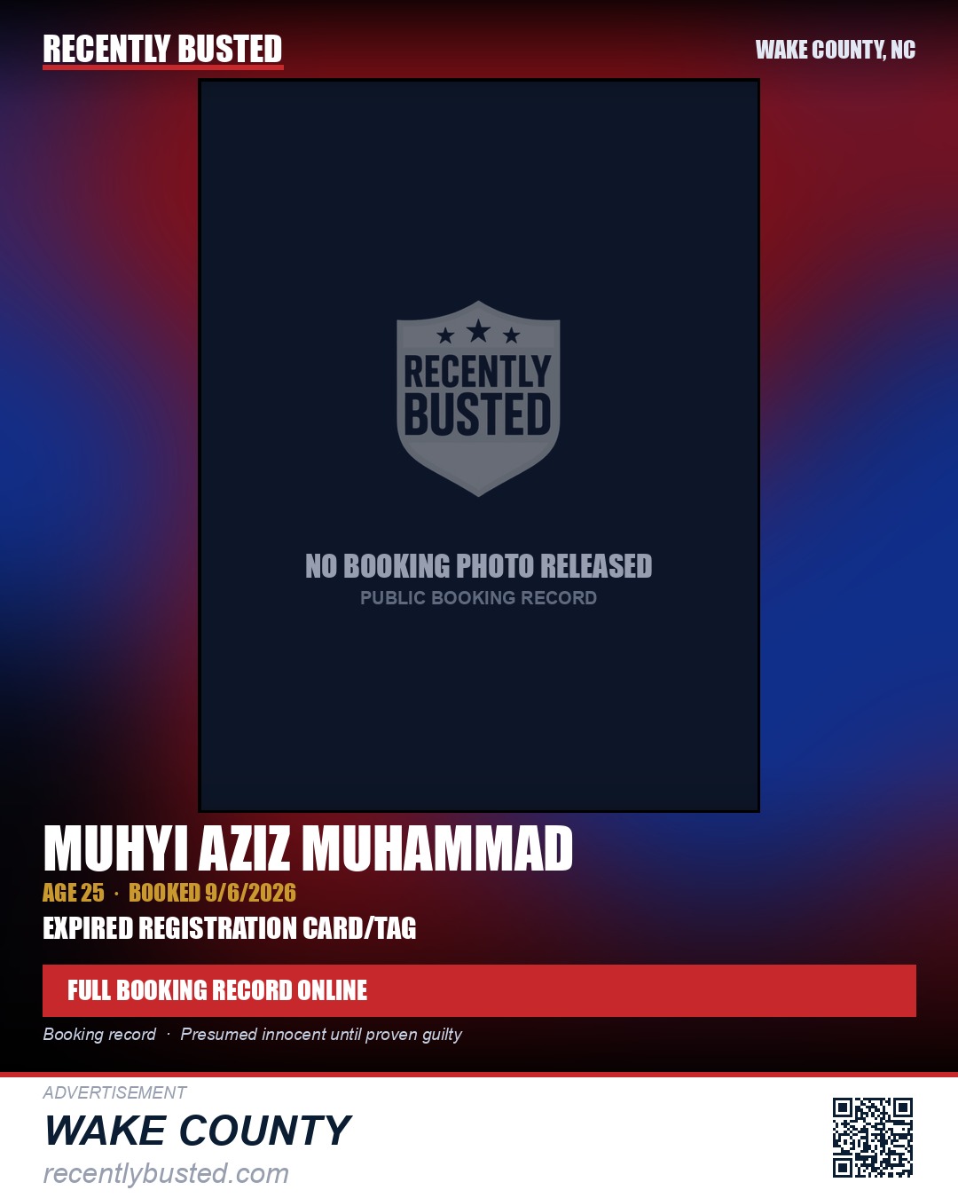 MUHYI AZIZ MUHAMMAD — arrest record card, Wake County, North Carolina