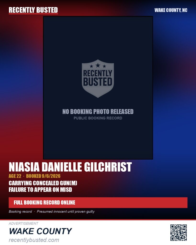 NIASIA DANIELLE GILCHRIST — arrest record card, Wake County, North Carolina