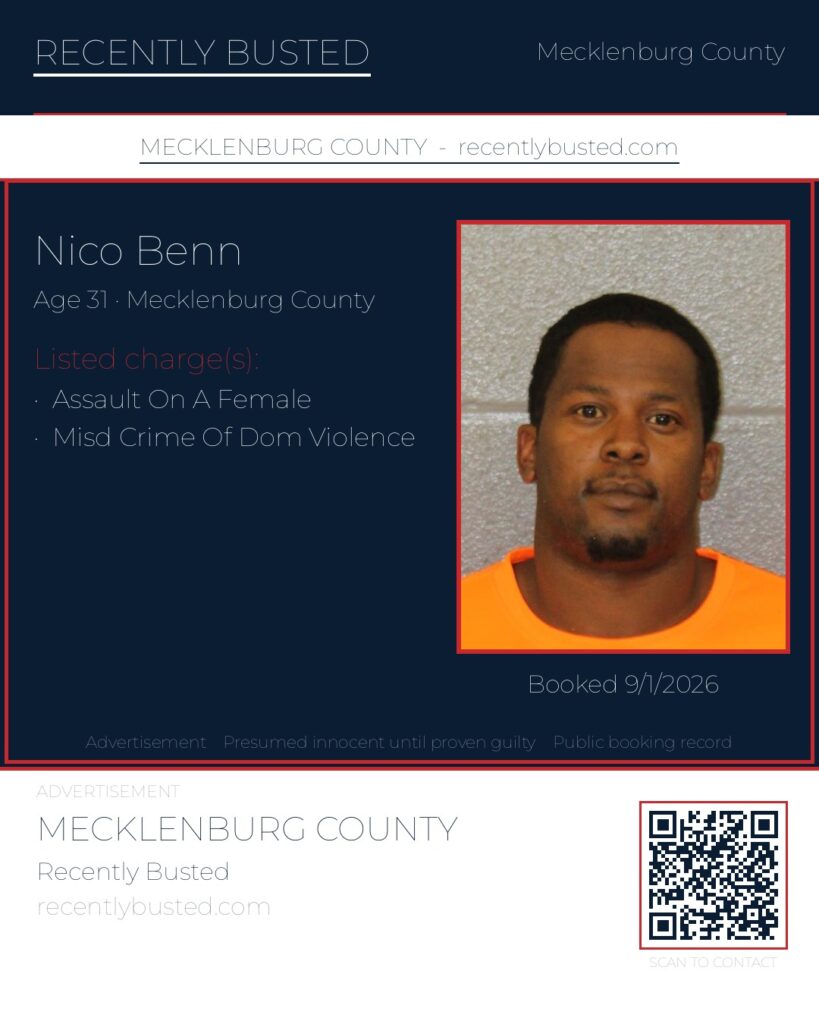 NICO BENN — arrest record card, Mecklenburg County, North Carolina