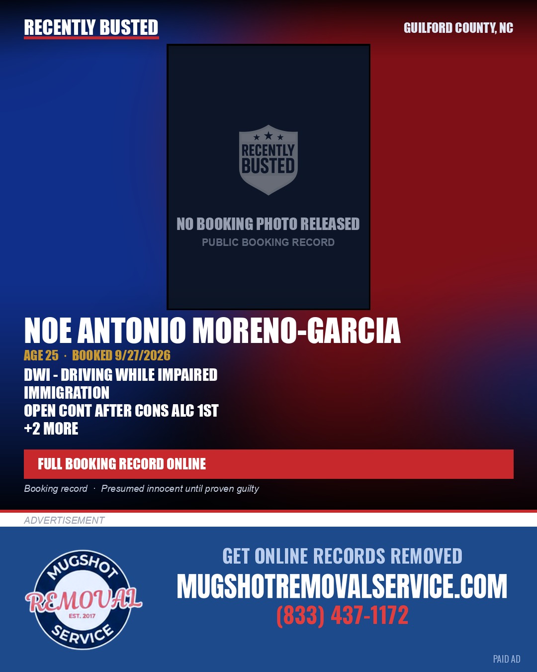 NOE ANTONIO MORENO-GARCIA — arrest record card, Guilford County, North Carolina
