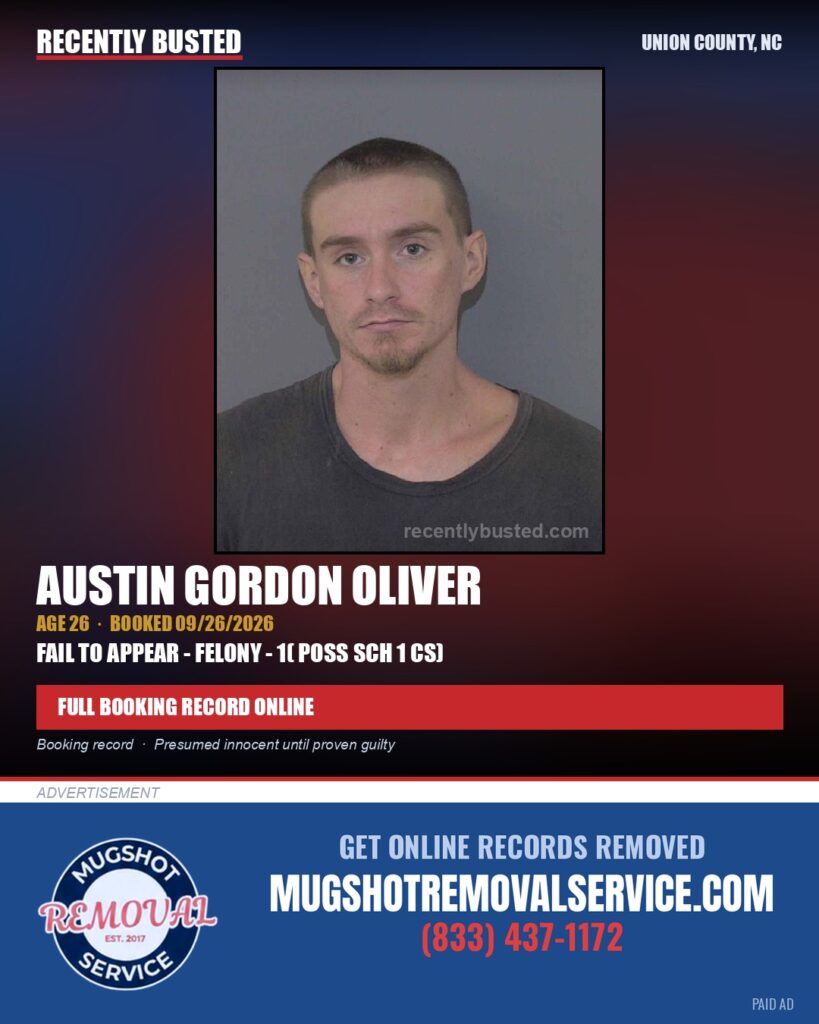 OLIVER, AUSTIN GORDON — arrest record card, Union County, North Carolina