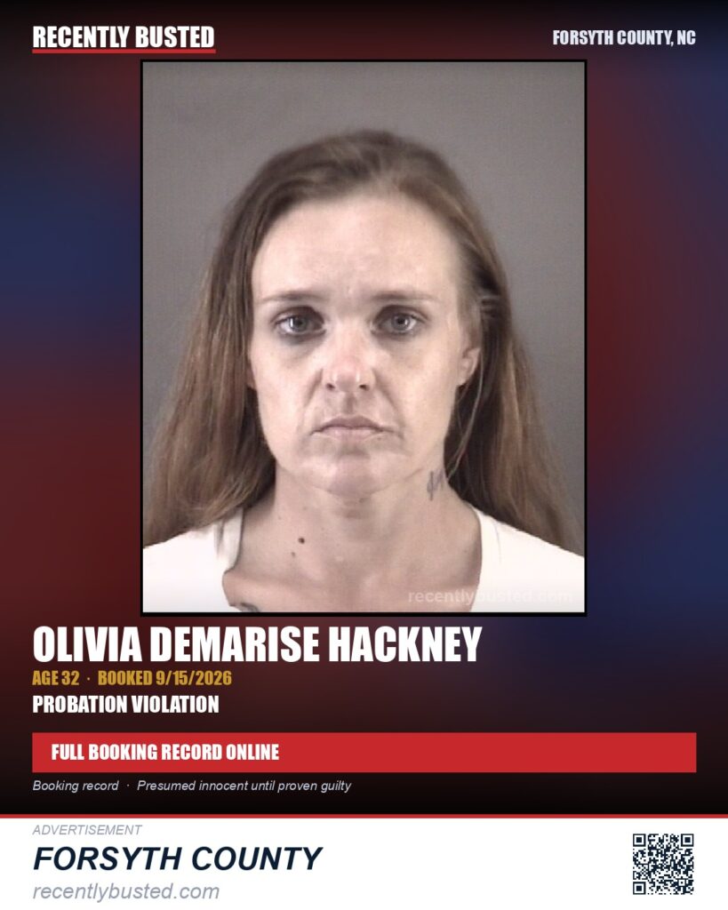 OLIVIA DEMARISE HACKNEY — arrest record card, Forsyth County, North Carolina
