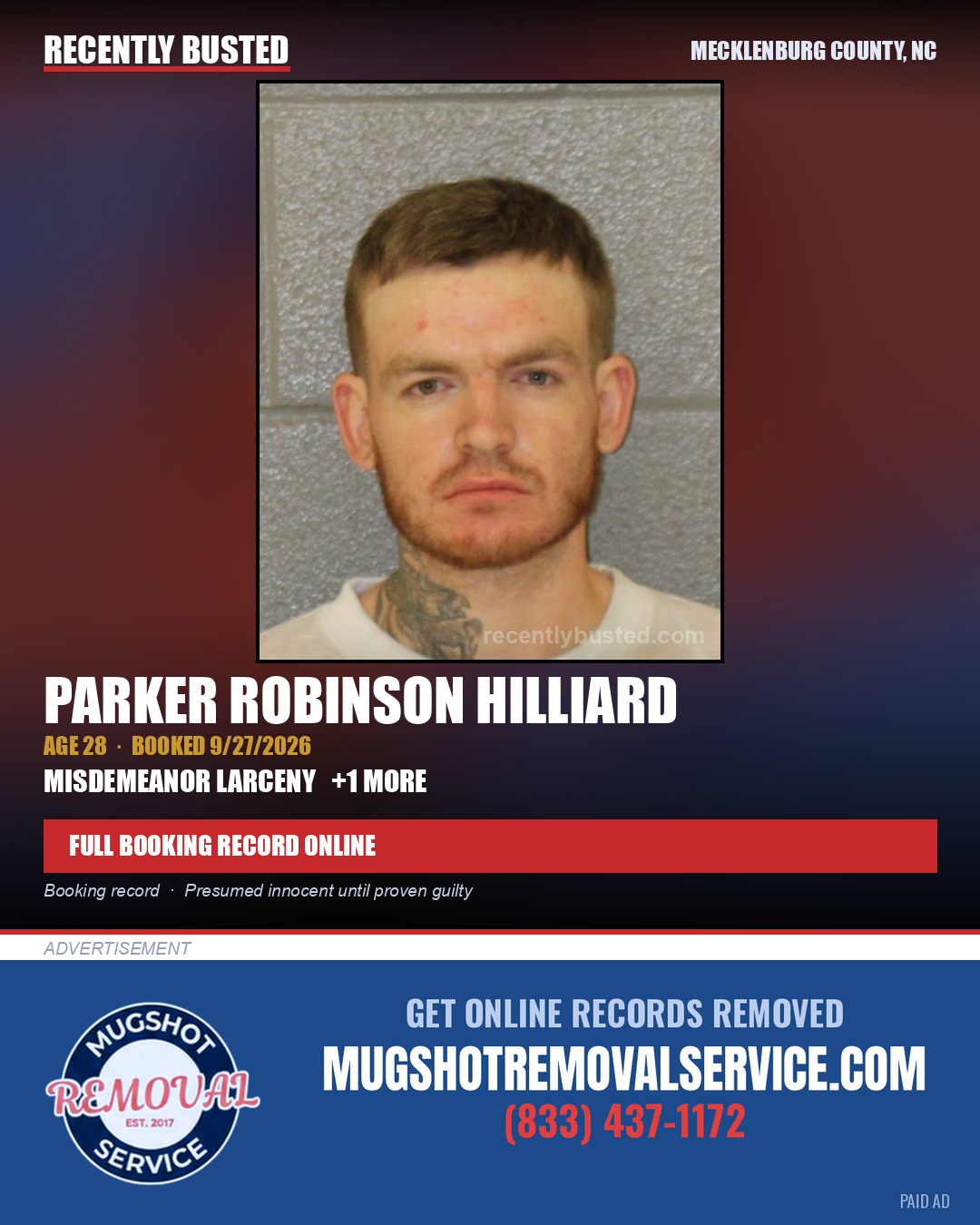 PARKER ROBINSON HILLIARD — arrest record card, Mecklenburg County, North Carolina