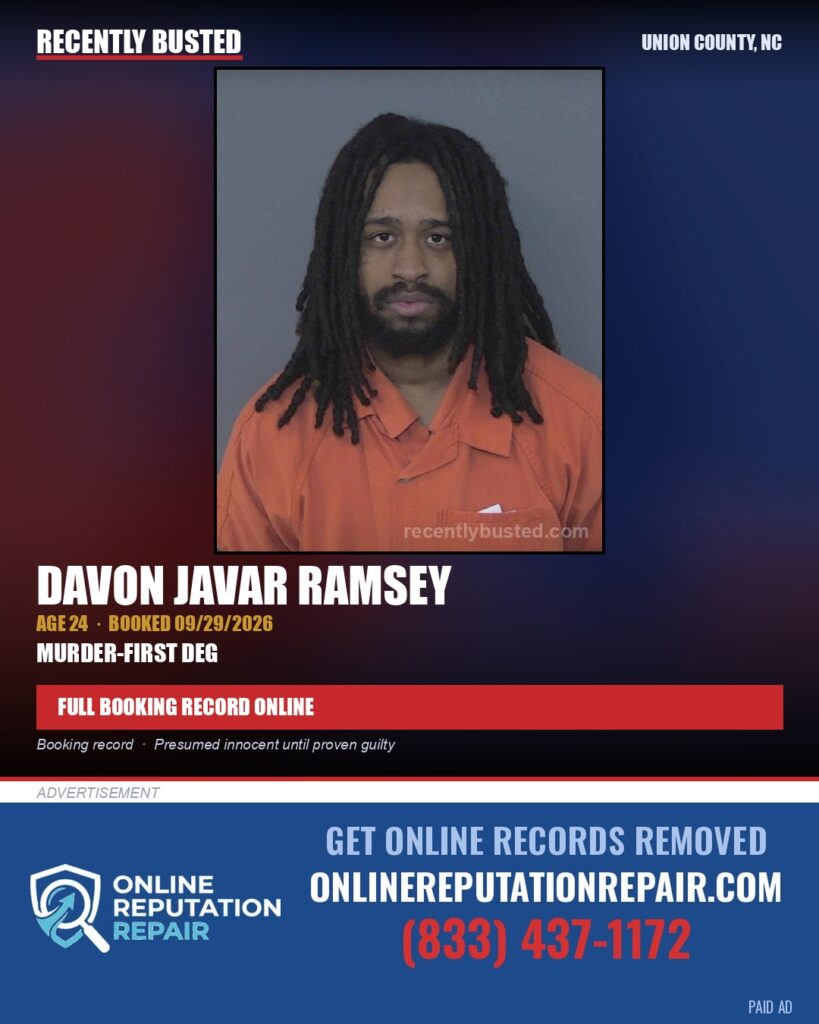 RAMSEY, DAVON JAVAR — arrest record card, Union County, North Carolina