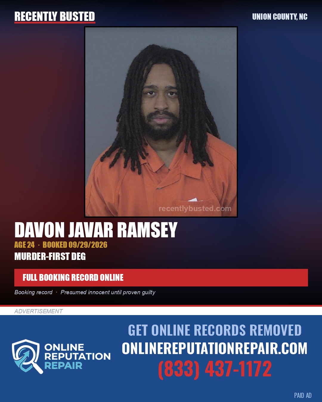 RAMSEY, DAVON JAVAR — arrest record card, Union County, North Carolina