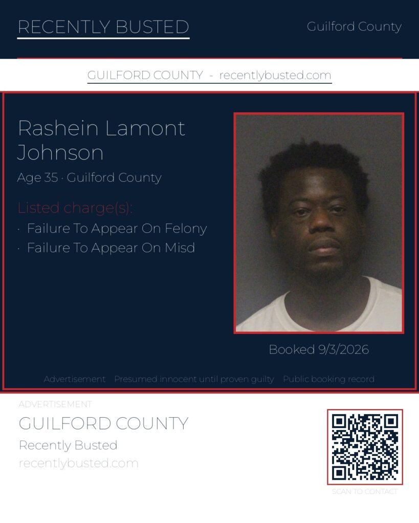 RASHEIN LAMONT JOHNSON — arrest record card, Guilford County, North Carolina