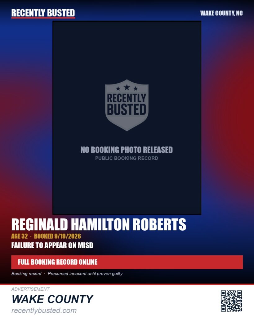 REGINALD HAMILTON ROBERTS — arrest record card, Wake County, North Carolina