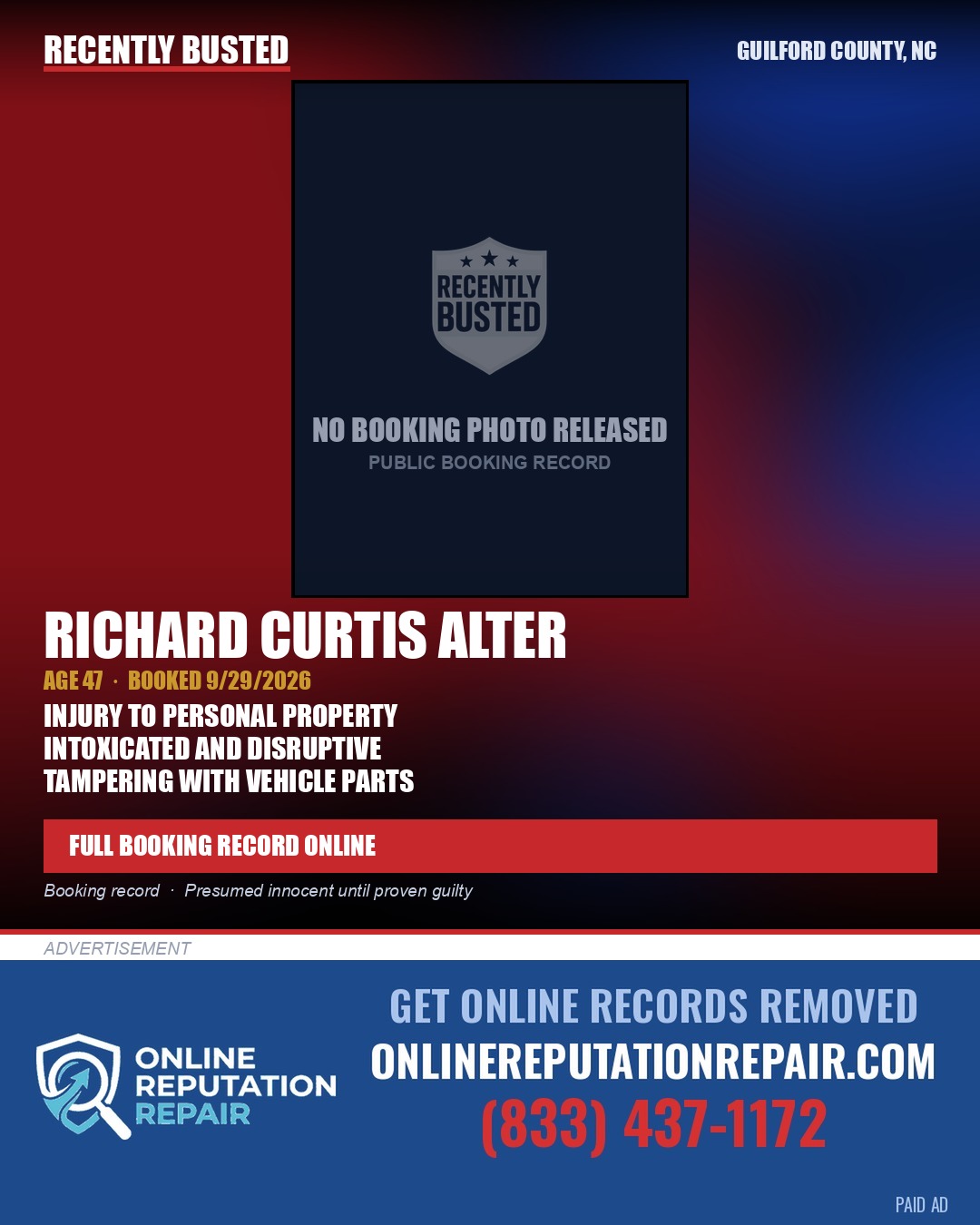 RICHARD CURTIS ALTER — arrest record card, Guilford County, North Carolina