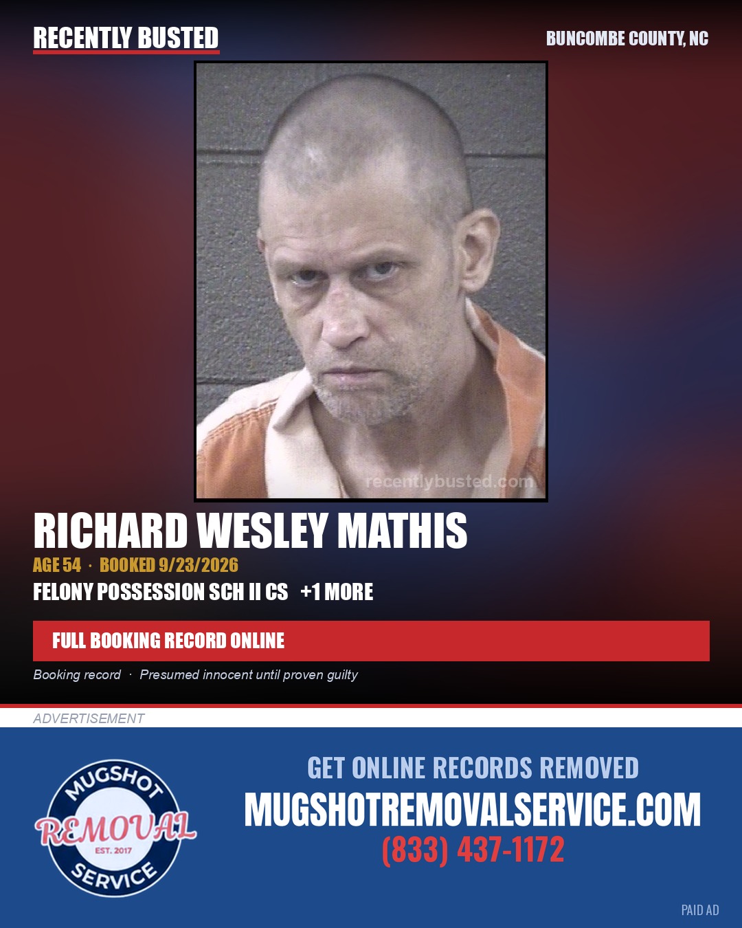 RICHARD WESLEY MATHIS — arrest record card, Buncombe County, North Carolina