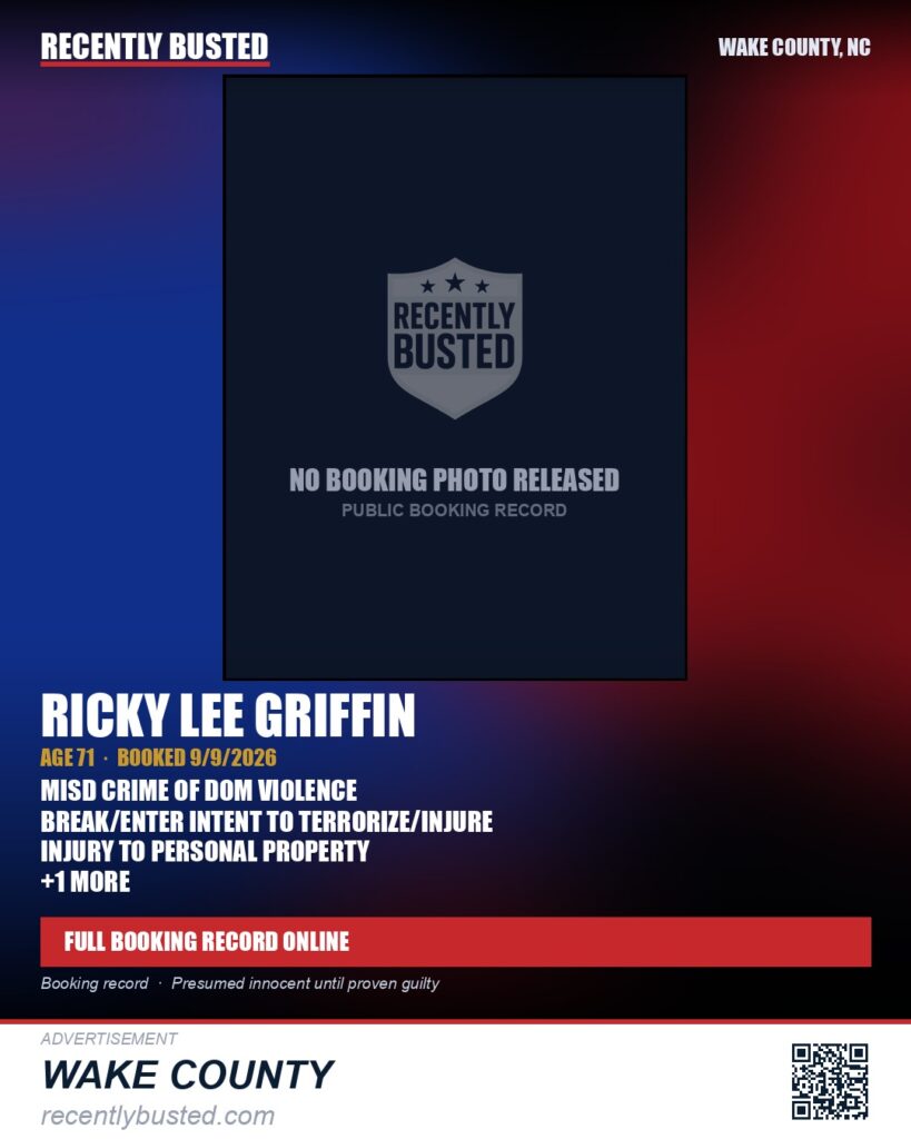 RICKY LEE GRIFFIN — arrest record card, Wake County, North Carolina
