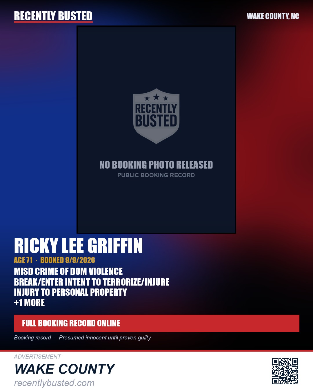 RICKY LEE GRIFFIN — arrest record card, Wake County, North Carolina