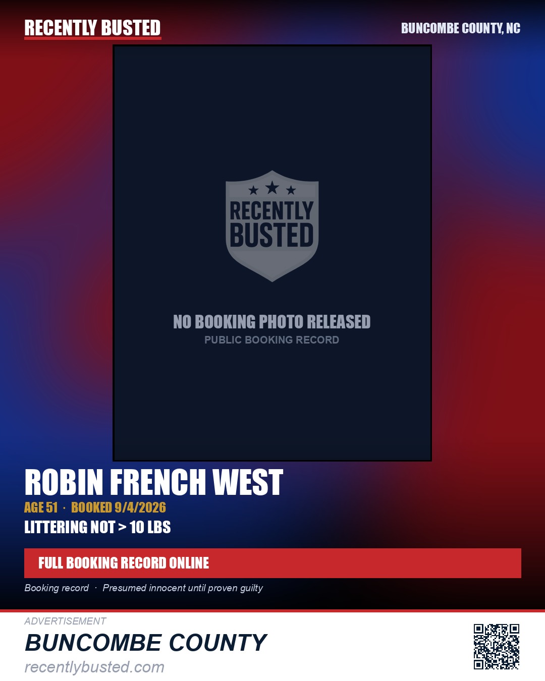 ROBIN FRENCH WEST — arrest record card, Buncombe County, North Carolina