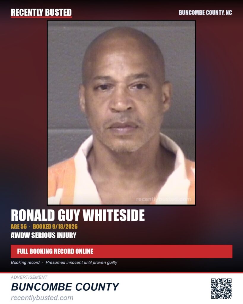 RONALD GUY WHITESIDE — arrest record card, Buncombe County, North Carolina