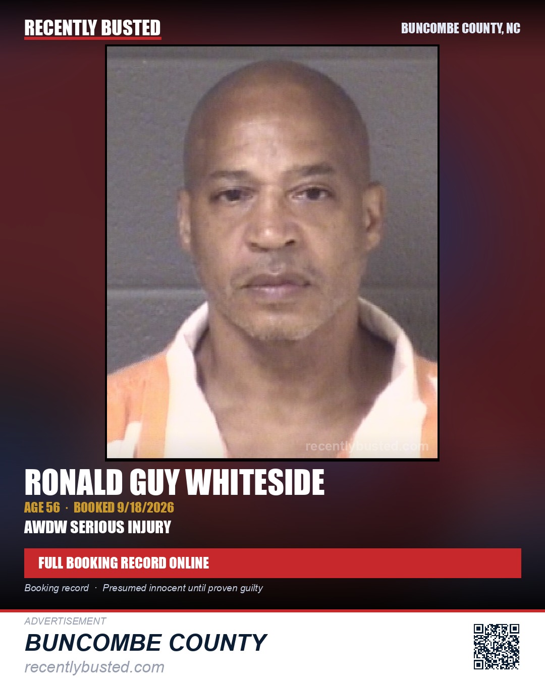 RONALD GUY WHITESIDE — arrest record card, Buncombe County, North Carolina
