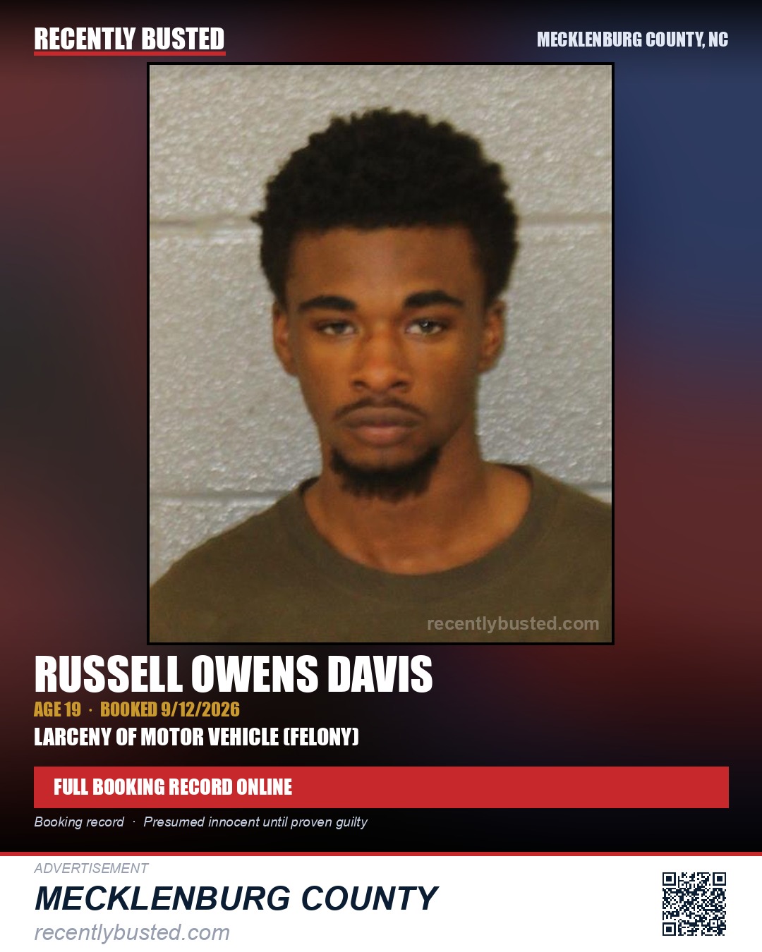 RUSSELL OWENS DAVIS — arrest record card, Mecklenburg County, North Carolina