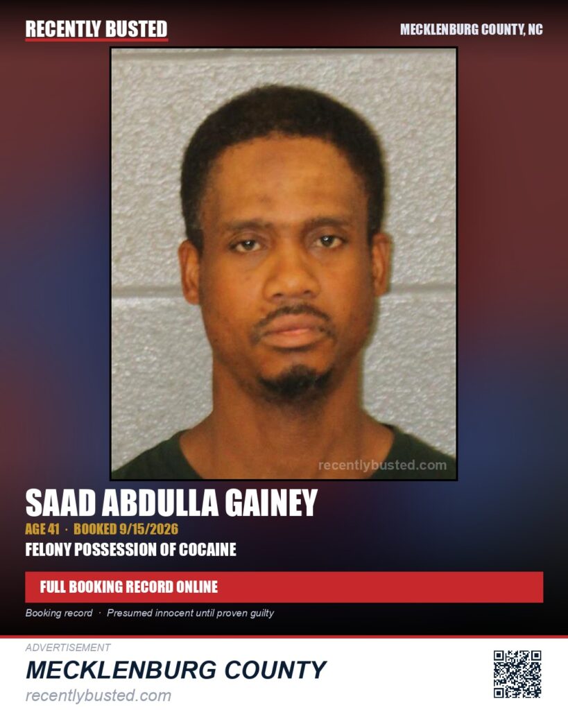 SAAD ABDULLA GAINEY — arrest record card, Mecklenburg County, North Carolina