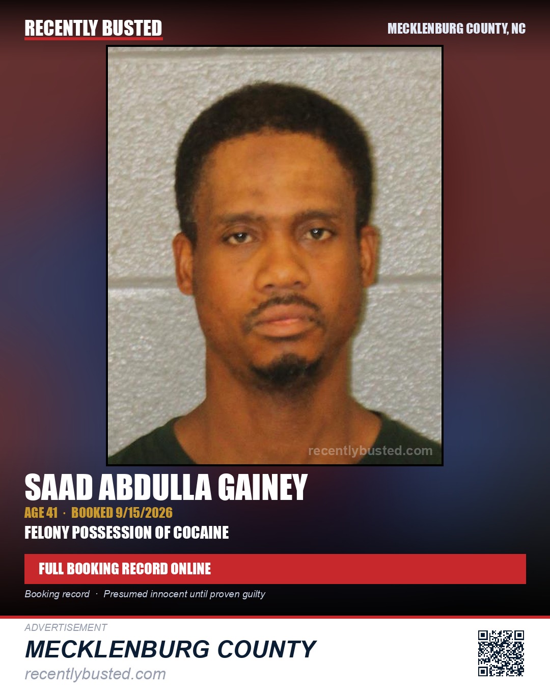 SAAD ABDULLA GAINEY — arrest record card, Mecklenburg County, North Carolina