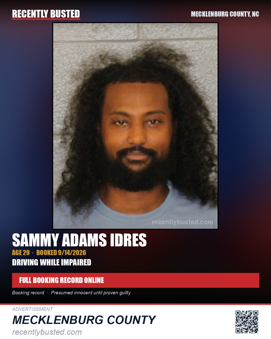 SAMMY ADAMS IDRES — arrest record card, Mecklenburg County, North Carolina