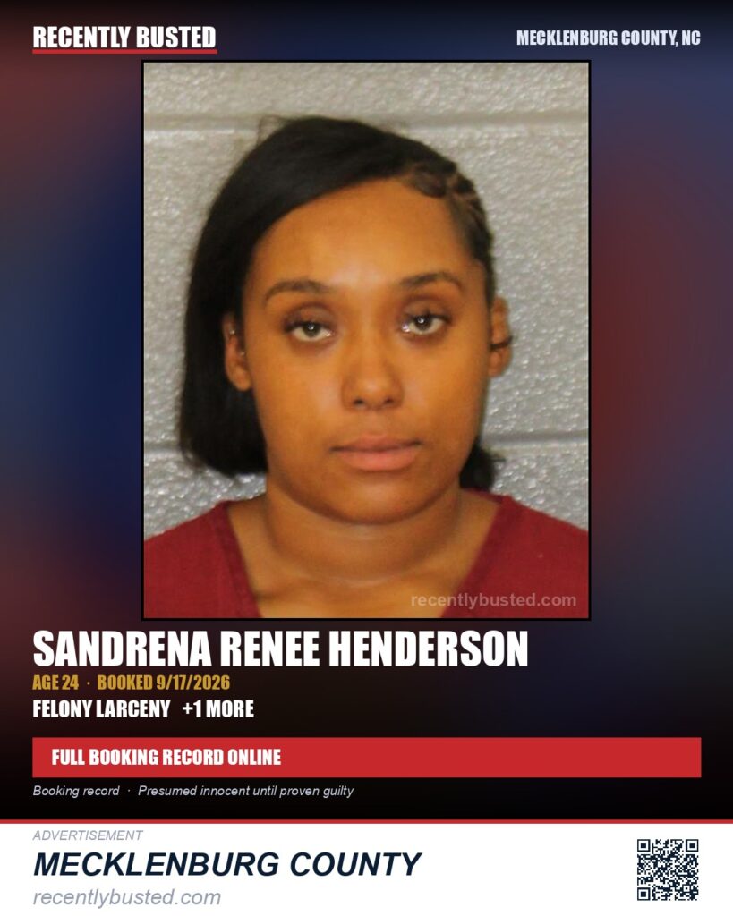 SANDRENA RENEE HENDERSON — arrest record card, Mecklenburg County, North Carolina