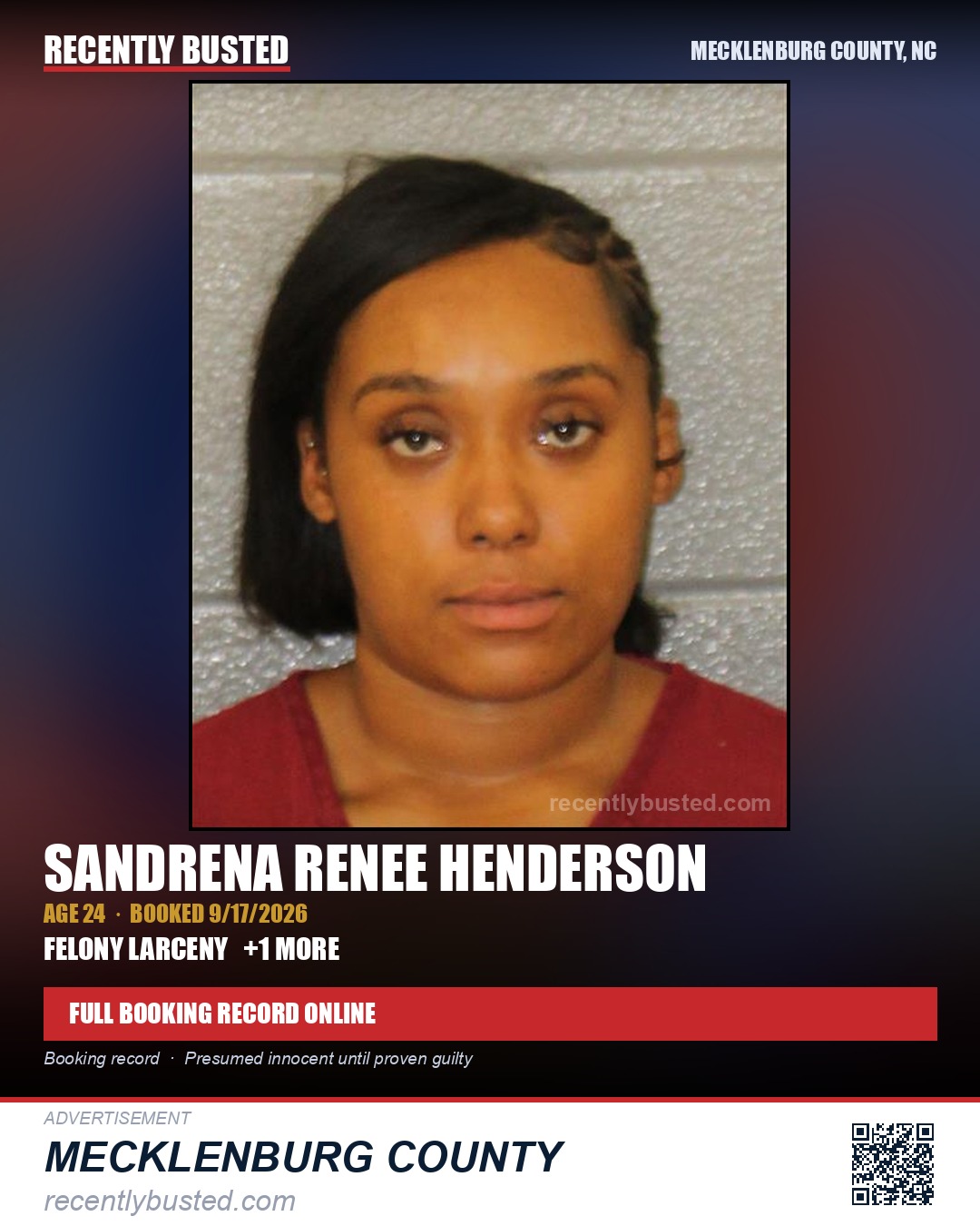 SANDRENA RENEE HENDERSON — arrest record card, Mecklenburg County, North Carolina