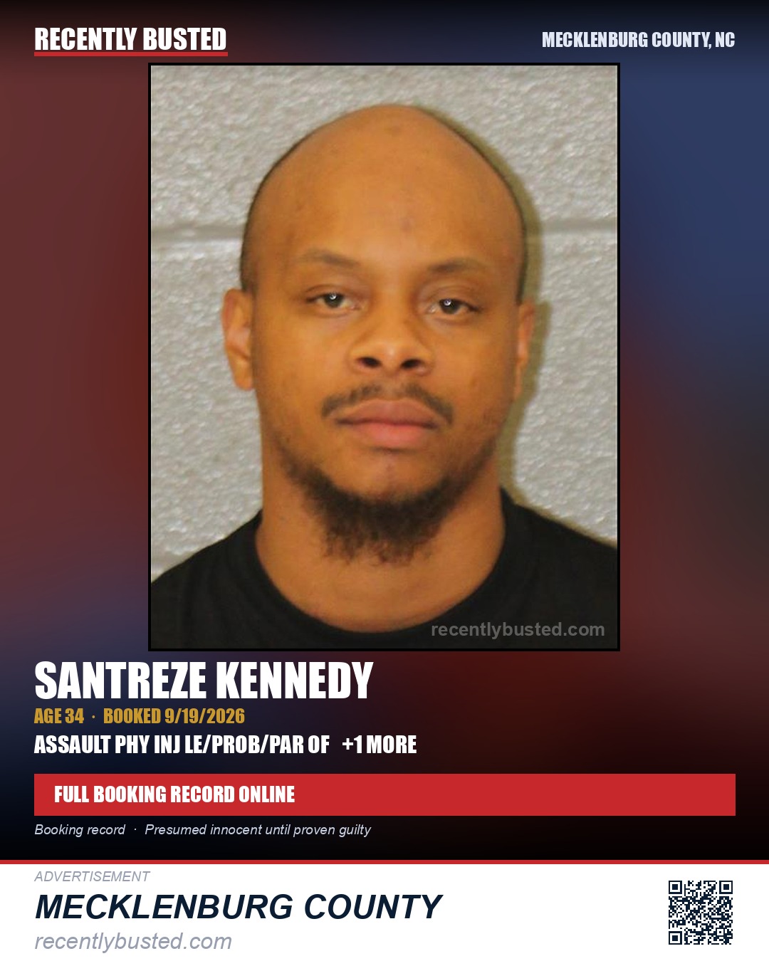 SANTREZE KENNEDY — arrest record card, Mecklenburg County, North Carolina
