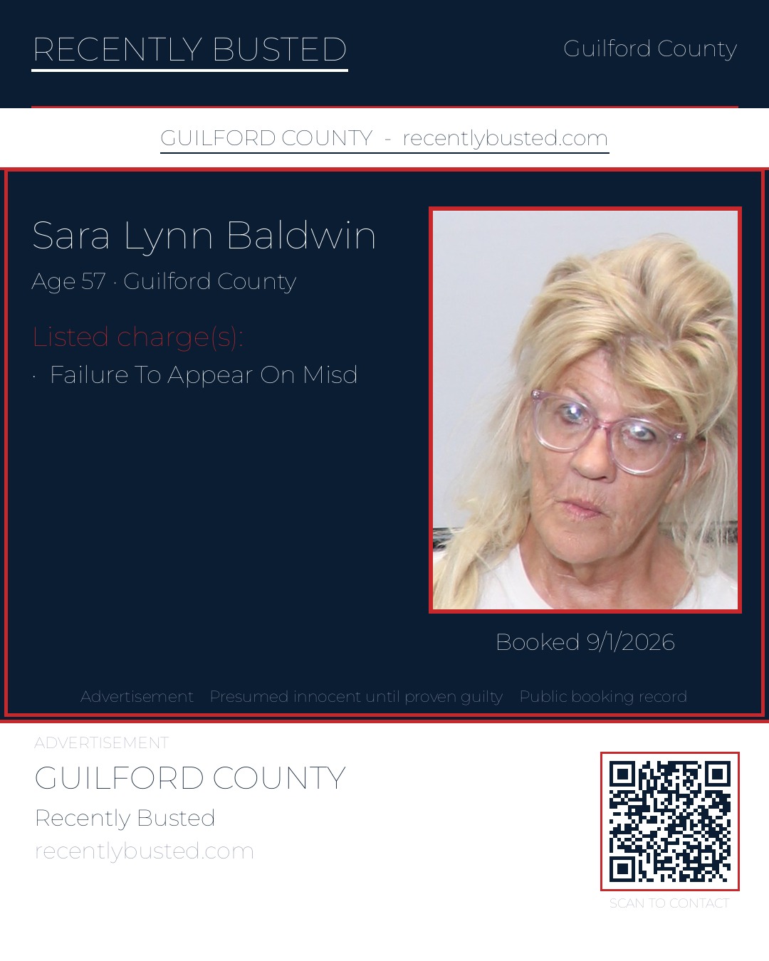 SARA LYNN BALDWIN — arrest record card, Guilford County, North Carolina