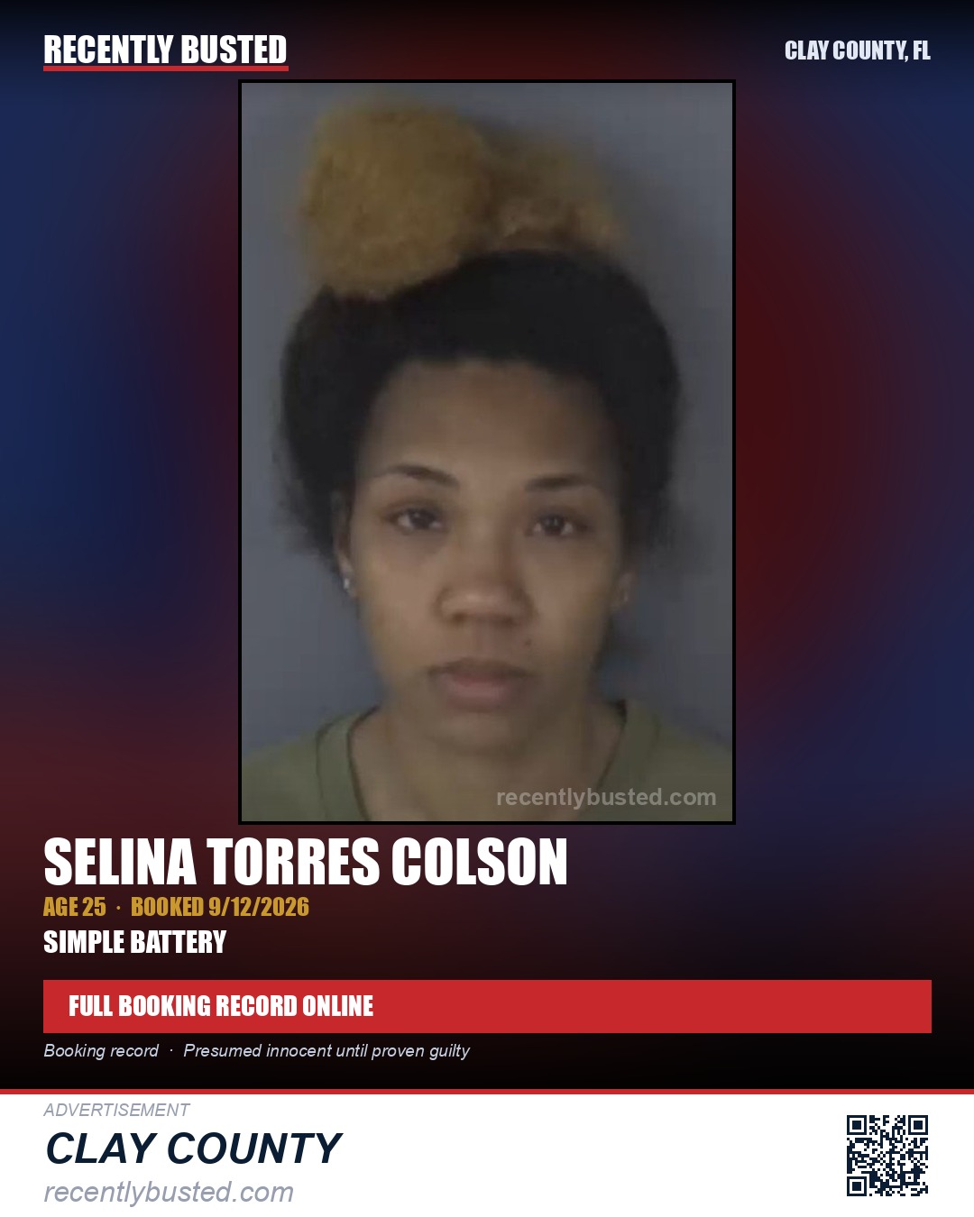 SELINA TORRES COLSON — arrest record card, Clay County, Florida