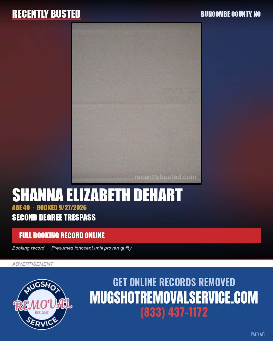 SHANNA ELIZABETH DEHART — arrest record card, Buncombe County, North Carolina